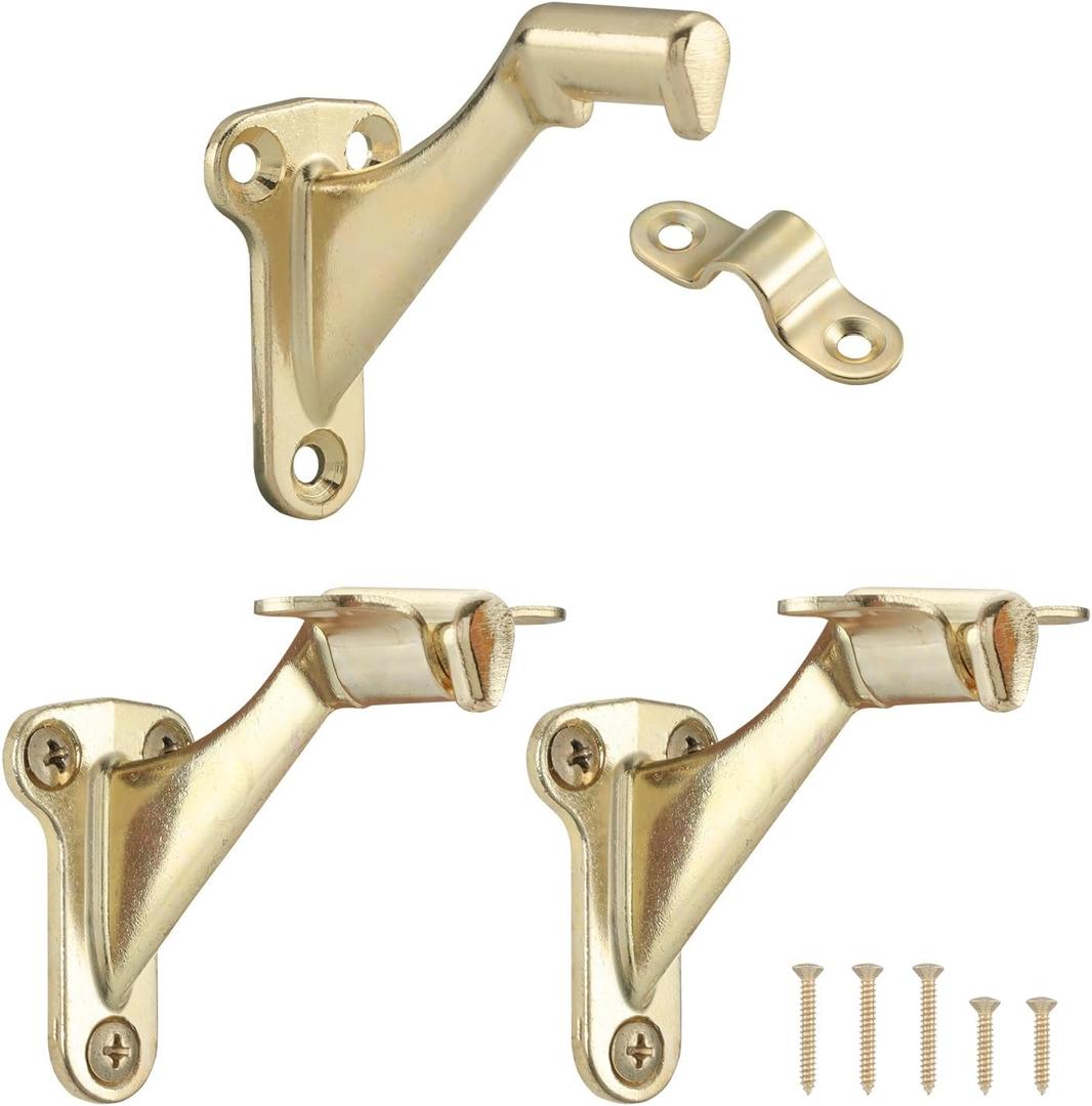 HOME MASTER HARDWARE Handrail Stair Brackets 3" Heavy Duty Staircase Hand Rail Bracket Support Hardware for Home or Office Stairways,Bright Brass with Screws 3-Pack