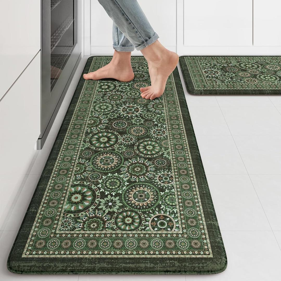 KIMODE Anti Fatigue Kitchen Mats for Floor 2 Piece Cushioned Boho Kitchen Rugs Memory Foam Kitchen Floor Mats Standing Desk Mats for Laundry Office Sink Green 17"x47"+17"x29"