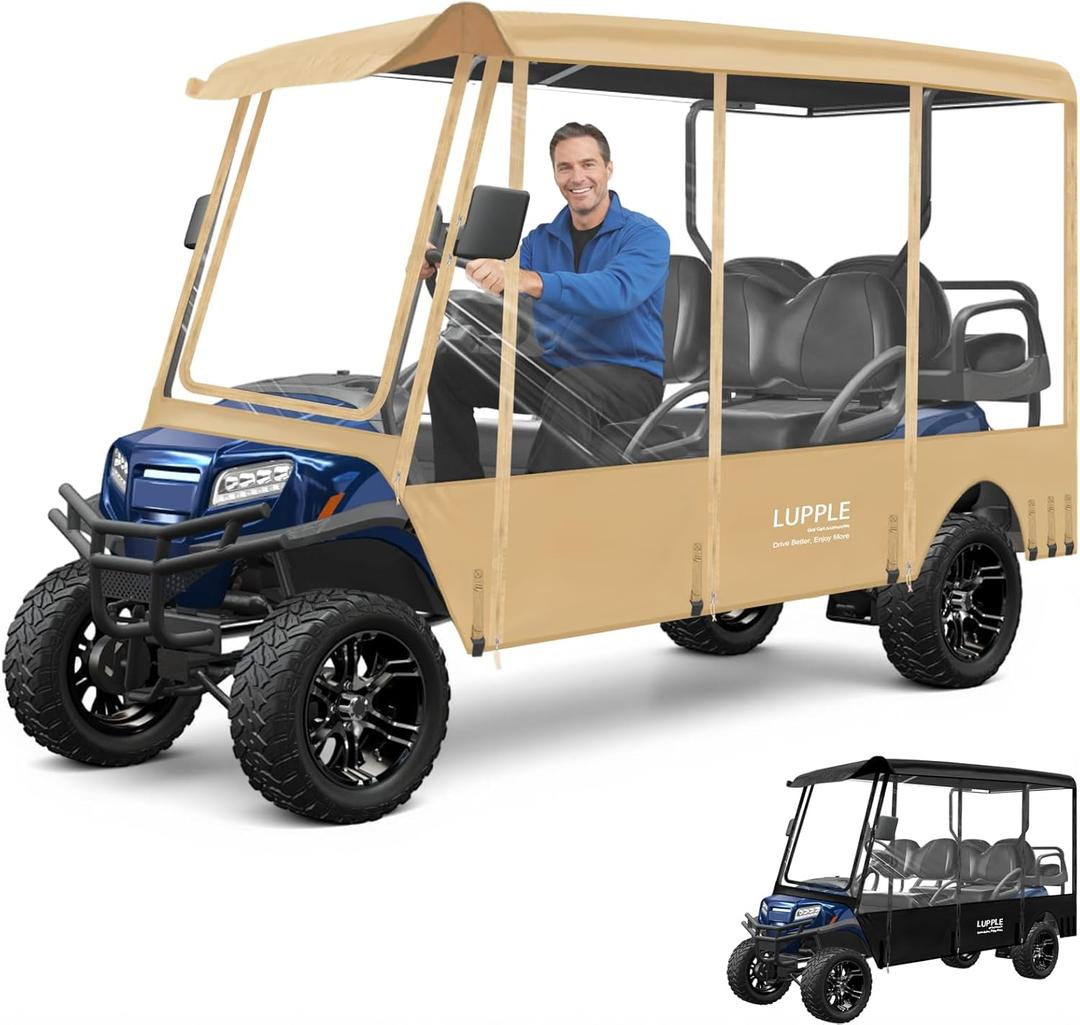 Universal Golf Cart Enclosure for 6 8 Passenger Carts, Fits EZGO/Club Car/Yamaha/ICON, Extended Long Roof Compatible, with Reflective Strips for Safety, Roll-Up Zipper Doors & Clear View