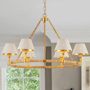 33 Hand Woven Rattan Boho Pendant Light with White Fabric Shade 6-Lights Wagon Wheel Chandelier for Dining Living Room Bedroom Kitchen, UL Listed