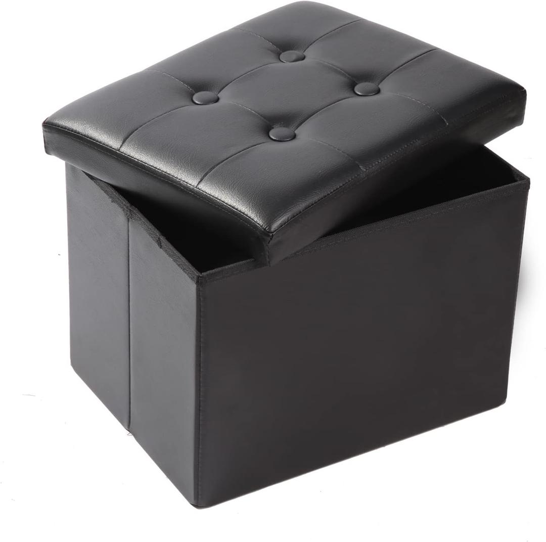ALASDO Storage Ottoman Footrest Stool Small Ottoman with Storage Foldable Ottoman Leather Foot Rest Footstool Bench for Living Room 17x13x13inches Black