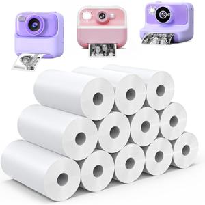 12 Rolls Kids Camera Paper Roll Refill, QIIYNTE Thermal Paper for Kids Camera Instant Print Photo HD Printing for Most Instant Print Camera for Kids and Mini Sticker Printer Machine, White (White-Non-Adhesive)