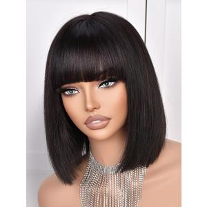 Bob Wig Human Hair 210% Density Bob Wig with Bangs 100% Human Hair Wigs for Black Women Pre-Bleached Glueless Straight Bob Wigs(10Inch,black bob wig)