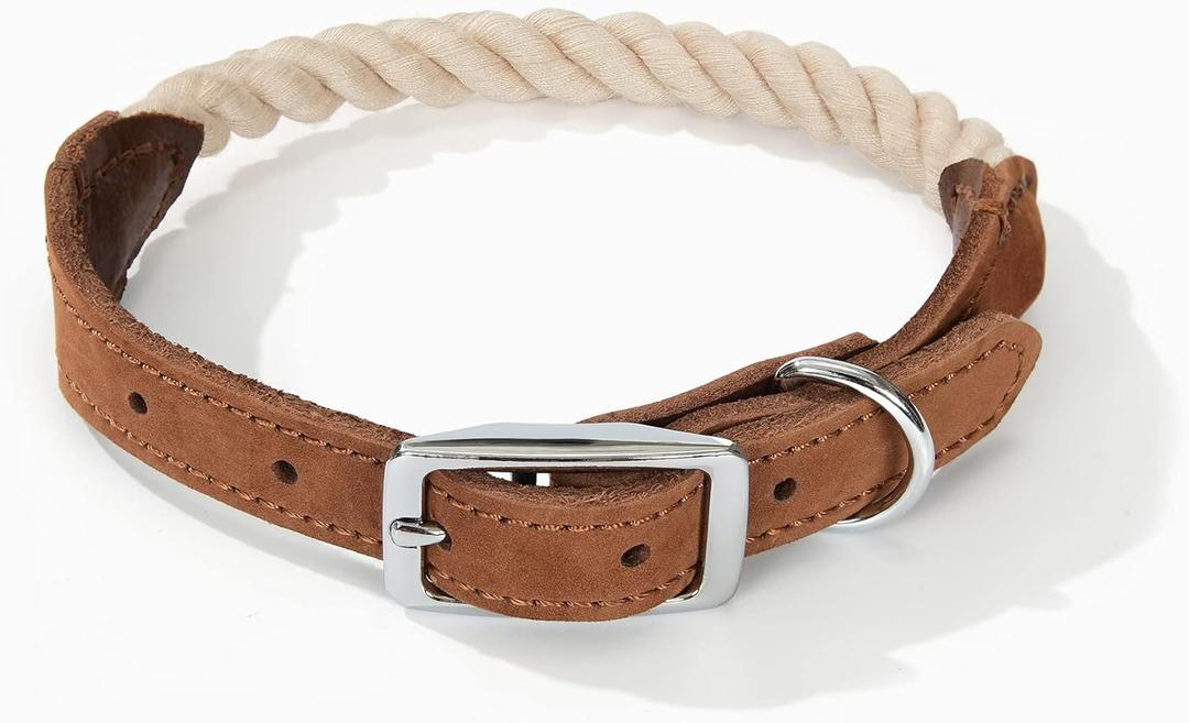 Mile High Life Rope Dog Collar | Durable Braided Cotton Rope Collars | Genuine Leather Dog Collar w Metal Pin Buckle | Classic Puppy Collars for Large Dog (Beige) (Large (Pack of 1))