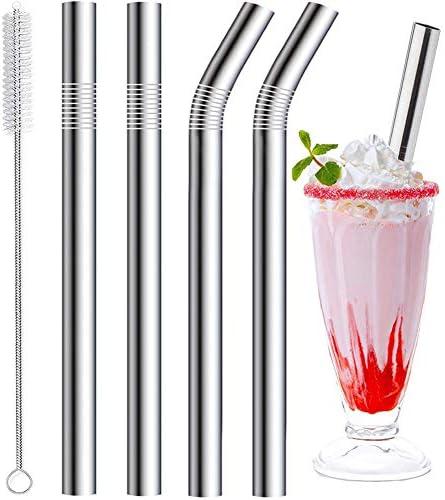 Vinaco Stainless Steel Smoothie Straws, 0.4'' Extra Wide Reusable Metal Drinking Straws for Milkshake, Smoothie, Beverage, Set of 4 with 1 Cleaning Brush (Silver)