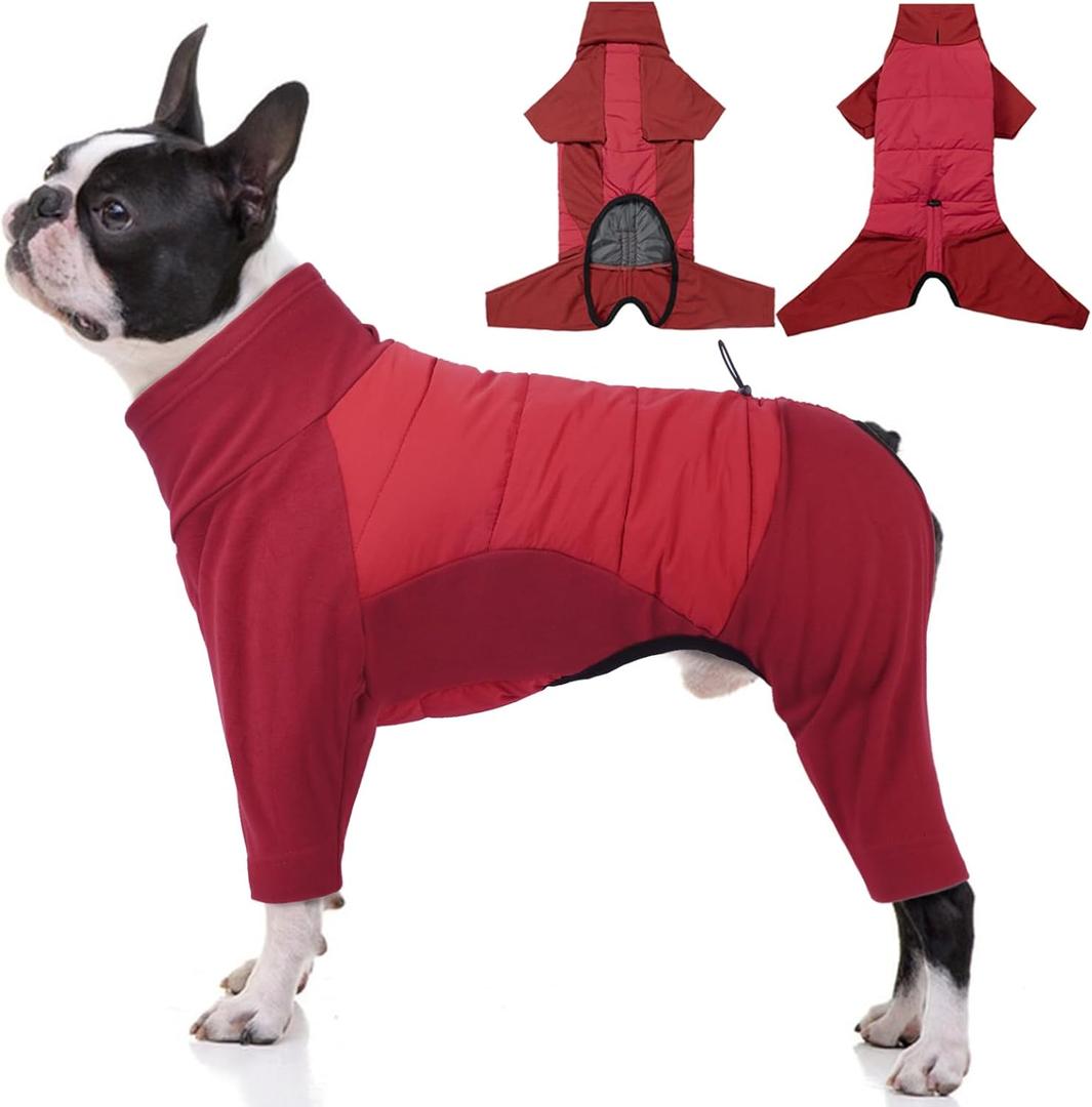 BRKURLEG Full Body Dog Winter Coat Warm Fleece Pullover Pajamas, Four Legs Covered Windproof Dog Jacket for Small to Large Dogs, Turtleneck Dogs Snowsuit, Pet Cold Weather Clothes, Red XS