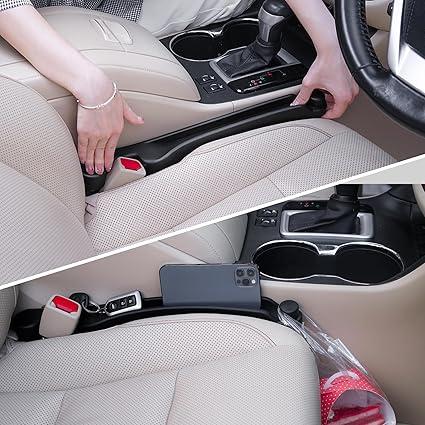 Car Seat Gap PU Filler Set of 2，Stop Things from Dropping，Filler with Organizer & Hook Function,Fill The Gap Between Seat & Console (Black)