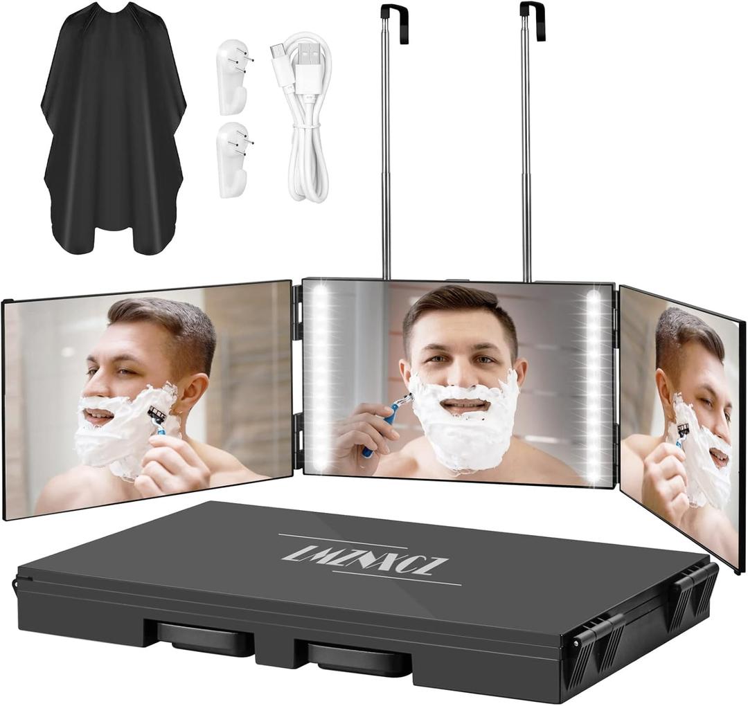 with LED Lights 3 Way Mirror for Self Hair Cutting,360 Haircuts Mirror Men for Barber Use Tools,to See Back of Head,Tri Fold with Portable Height Adjustable Telescoping Hooks