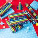 4 x Burymento Reversible Birthday Wrapping Paper for Boys Girls Kids Adults Baby Shower Holiday - Colorful Happy Birthday Lettering and Stars Design - Blue Gift Wrapping Paper Roll, 17 Inch X 32.8 Feet