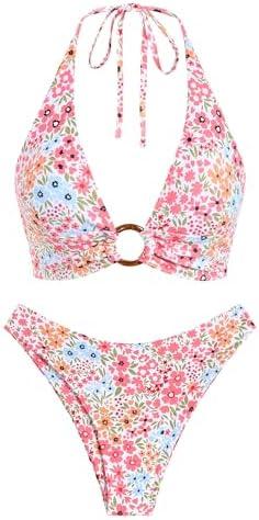 ZAFUL O Ring Halter Bikini Sets for Women High Cut Swimsuits Trendy 2 Piece Bathing Suits -M