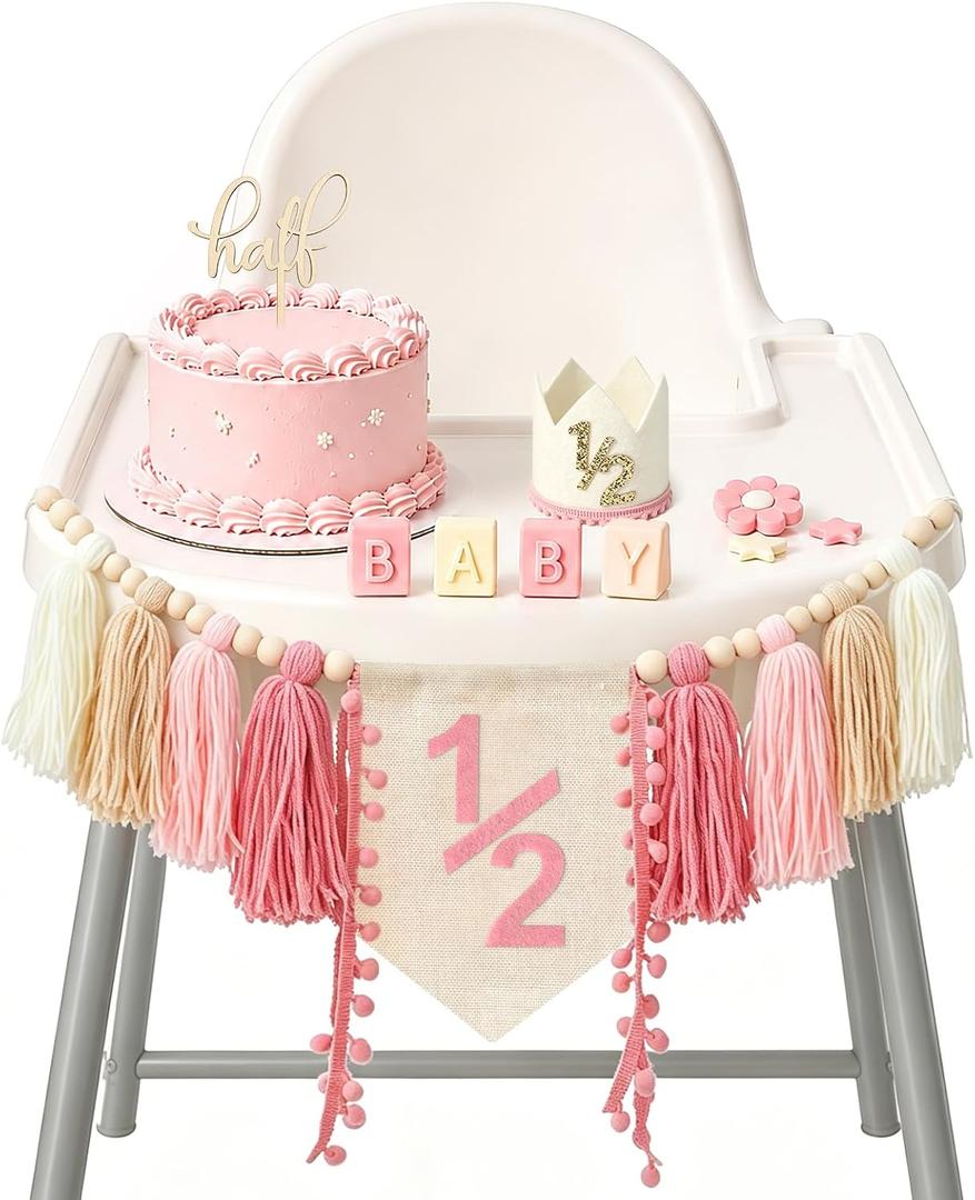 1/2 Birthday Girl High Chair Banner - 3PCS Half Birthday Decorations with Half Birthday Hat Cake Candle, Half Way to One Decorations Kit for Baby Girl 6 Month Party Photoshoot Props（Pink＆white）