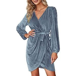 BerryGo Women's Long Sleeve Wrap Semi Formal Velvet Mini Dress Sexy Cocktail Party Winter Prom Dress Blue Grey S