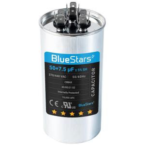 [2025 Updated] BlueStars 50/7.5 uF 50+7.5 MFD 5% 370 or 440 Volt AC CBB65 CBB65B Dual Run Round Capacitor - Air Conditioner Capacitor for AC Unit Fan Motor Start, Heat Pump, Condenser Straight Cool