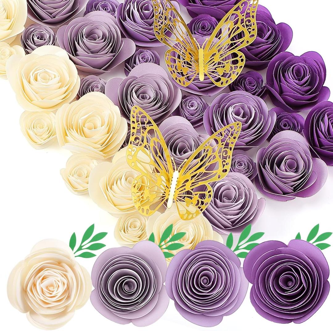 Gilprop 36 Pcs 3D Rolled Artificial Roses Paper Flowers for Crafts Graduation Cap Decoration Wall Decor Mini Crafts DIY Gift for Graduation Wedding Shadow Box Frame Cake Topper, Purple