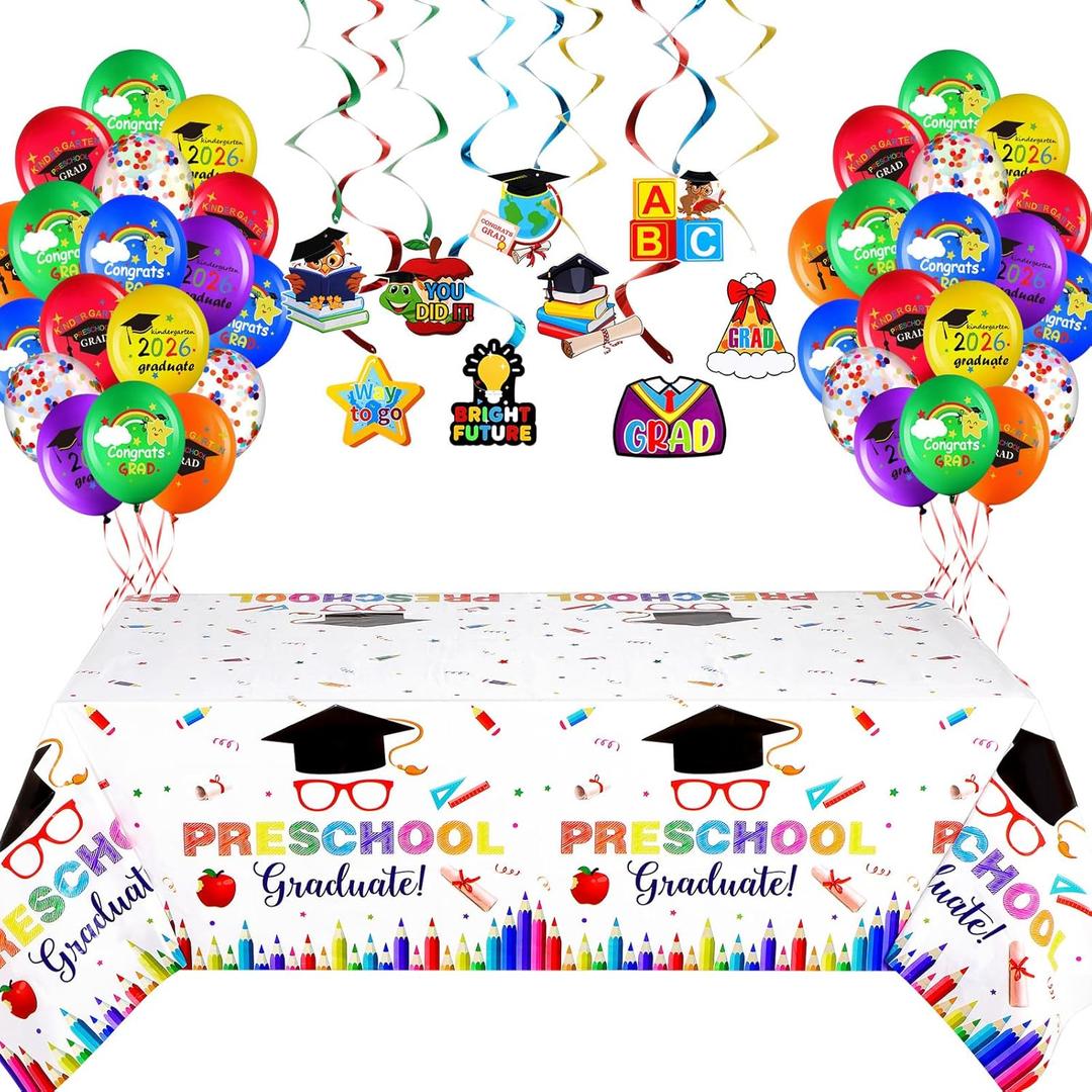 2 x Wettarn 47 Pcs 2026 Pre School Graduation Decorations Pre k Graduation Decorations Include Kindergarten Table Cover 10 Congrats Hanging Swirl 36 Pcs Graduate Balloon for Congrats Grad Party(White)