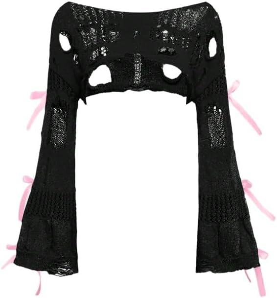 SHENHE Women's Crochet Shrug Bow Sweater Y2k Hollow Out Bell Sleeve Cropped Top (Black)