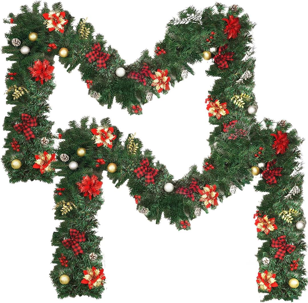 9FT Christmas Garland Decorations, Pre-Lit Christmas Garland with 60 LED Lights, Garlands for Mantle with Pine Cones, Flower, Berries, Bows, Ball, Leaves, Indoor & Outdoor Christmas Decor(2 Pack)