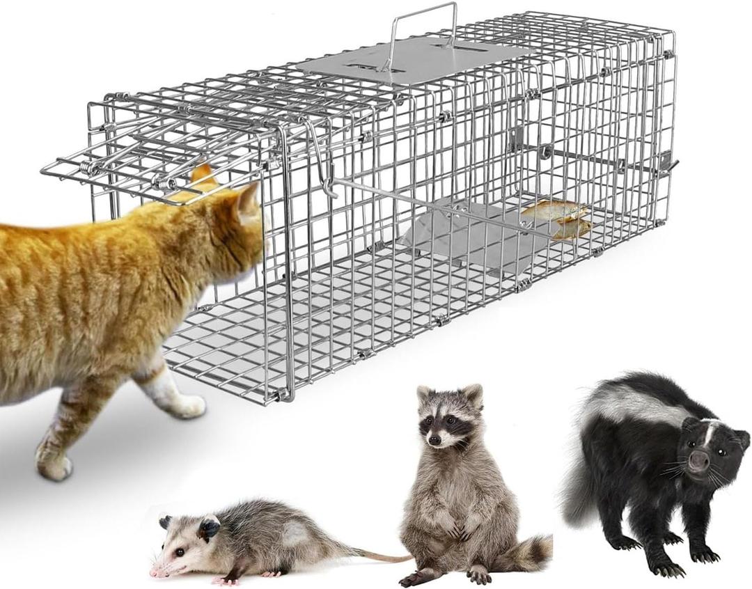 23.3" Live Animal Cage Trap,Collapsible Galvanized Wire with Pedal Triggers,Indoors/Outdoors Humane Cat Trap for Stray Cats,Squirrel,Raccoons,Mouse,Groundhogs, Foxes,Armadillos (white-23.3")