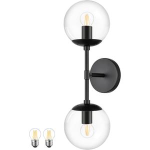 KoKo&Yukina Mid Century Modern Bathroom Vanity Light Matte Black Clear Glass Globe Vanity Light Fixtures Globe Sconce 2-Light Bathroom Lights Wall Fixtures Mid Century Wall Sconce