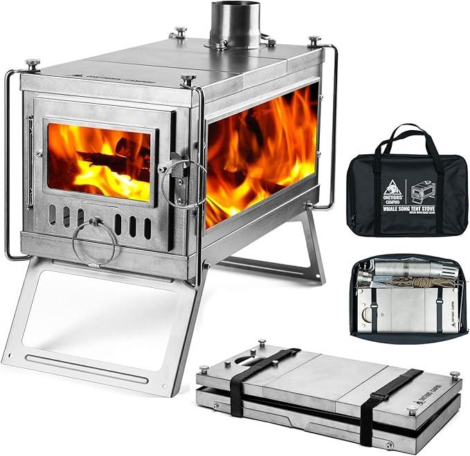 OneTigris WHALE SONG Tent Stoves, Titanium Wood Burning Stove Backpacking Lightweight Camping Portable Foldable for Outdoor Hiking Picnic BBQ