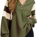 EXLURA Women's Oversized V Neck Henley Shirt Patchwork 2024 Color Block Sweatshirt Long Sleeve Button Pullover Tunic Tops, Size: XS