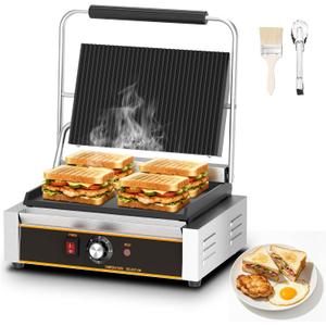 Commercial Panini Press - 2200W Electric Panini Sandwich Grill w/Nonstick Coating & Adjustable Temp, Panini Grill Press w/14"x9" Cooking Pan (Grooved Top & Flat Bottom), Double-sided Heating