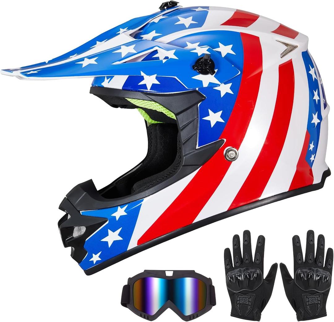 Youth Kids Dirt Bike Helmet for Boys & Girls, F001 Full Face Motorcycle Helmet for Off-Road ATV Street Riding Four Wheeler Mountain Bike with Goggles Gloves, DOT Approved (Great USA, L)
