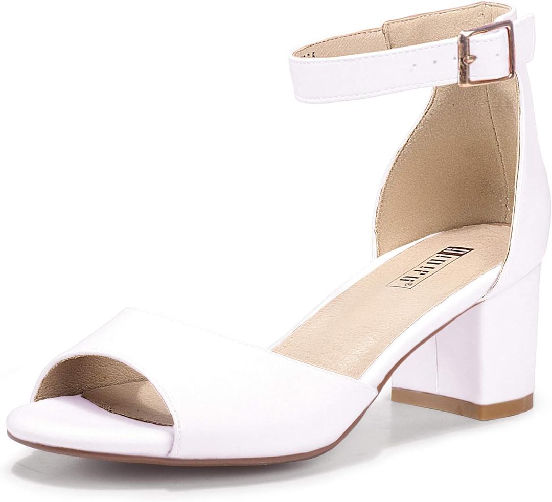 IDIFU Women's Candie Low Block Heels Sandals Peep Toe Chunky Ankle Strap Wedding Dress Shoes (White), 