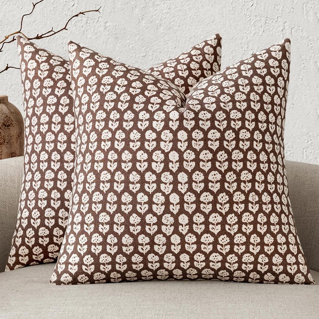 MIULEE Block Print Pillow Covers 18x18 Inch Set of 2, Vintage Floral Throw Pillow Cases Neutral Linen Farmhouse Cushion Covers for Couch Sofa Bed Chair Living Room, Brown