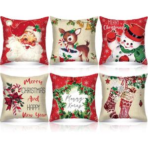 Vintage Red Retro Santa Candy Cane Square Pillowcases Set of 6 - 18x18 - Snowman, Reindeer, Throw Pillows for Xmas Winter Home Decor