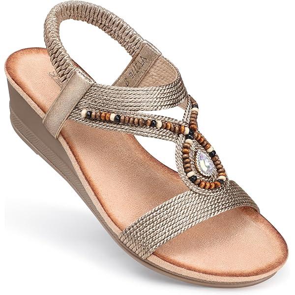 SHIBEVER Womens Wedge Sandals Flower Low Heel Dressy Sandals Elastic Ankle Strap Rhinestone Summer Comfortable Shoe, 39 Champagne SHIBEVER Womens Wedge Sandals Flower Low Heel Dressy Sandals Elastic Ankle Strap Rhinestone Summer Comfortable Shoe, 39 Champagne