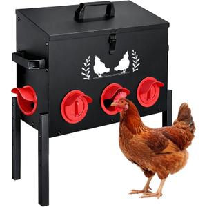 48 LB Large Automatic Chicken Feeder, No Waste Metal Poultry Feeder with 8 Ports, Weatherproof Outdoor Dispenser with Adjustable Legs & Locking Lid for Backyard Chickens, Black