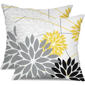 Grey and Yellow black Floral Pillow Covers 18x18 Set of 2 Outdoor Waterproof Decorative Throw Pillows Summer Pillow covers Polyester Cushion Case Decor for Couch Patio Funiture Garden Porch 011C18
