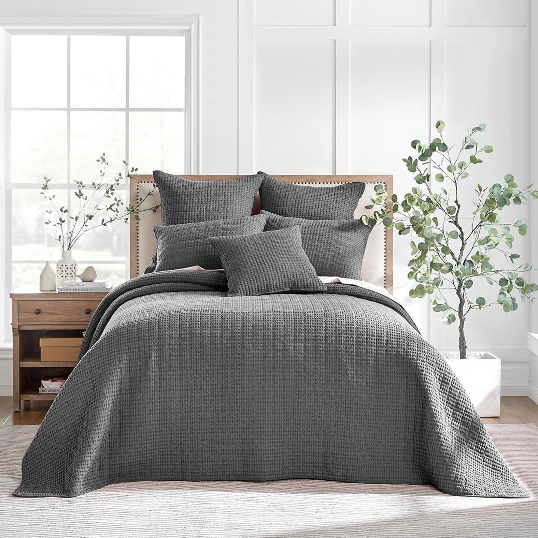 Levtex Home - Mills Waffle - King Quilted Bedspread Set - Charcoal Cotton Waffle - Bedspread Size (120 x 104in.), Sham Size (36 x 20in.)