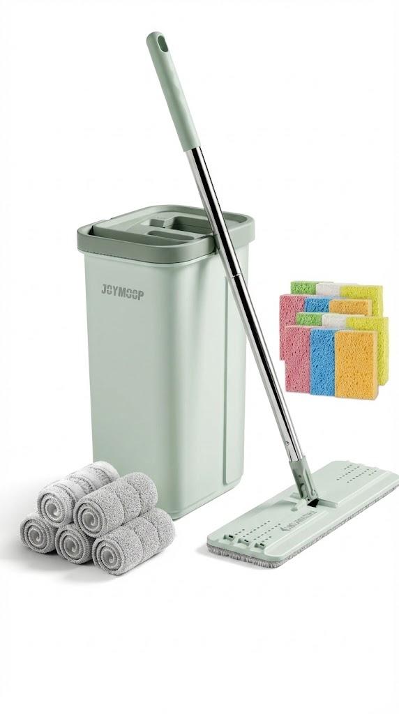 JOYMOOP Hands-Free Mop and Bucket with Wringer Set with Colorful Compressed Sponges, Househould Cleaning Tool of Floor Mop and Cellulose Sponges