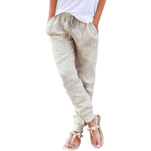 Puimentiua Womens Tapered Pants Cotton Linen Drawstring Back Elastic Waist Pants Casual Trousers with Pockets (Medium, Khaki)