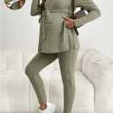 MakeMeChic Women's Maternity Clothes 2 Piece Outfit Long Sleeve V Neck Belted Tops and Leggings Lounge Set Army Green Medium