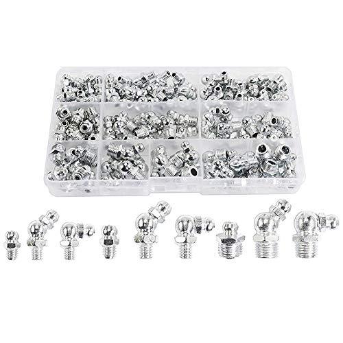 115Pcs Steel Zerk Excavators Grease Nipple Fittings Assortment Kit,Straight, 90-Degree, 45-Degree Angled(M6,M8,M10) (silver)