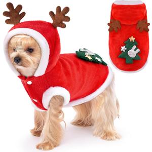 Dog Christmas Costume Funny Dog Christmas Outfit Cute Santa Hoodie for Small Medium Dogs with Reindeer Antler Hood for Cats Dogs Puppy Pets Holiday (S (Back: 9.8",Chest: 13.7"))