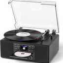 Vinyl Record Player with Speakers and CD Player Combo with Internet Radio, Treble/Bass Gain, Pitch, EQ, USB Recording, Alarm Clock & Sleep, 3-Speed Bluetooth Vintage Turntable Black Wooden