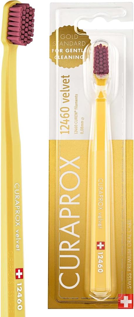 Curaprox CS 12460 Velvet Soft Toothbrush Sensitive Gum Care | Ultra-Gentle Cleaning with 12,460 Filaments | Single Pack, Yellow-Burgundy