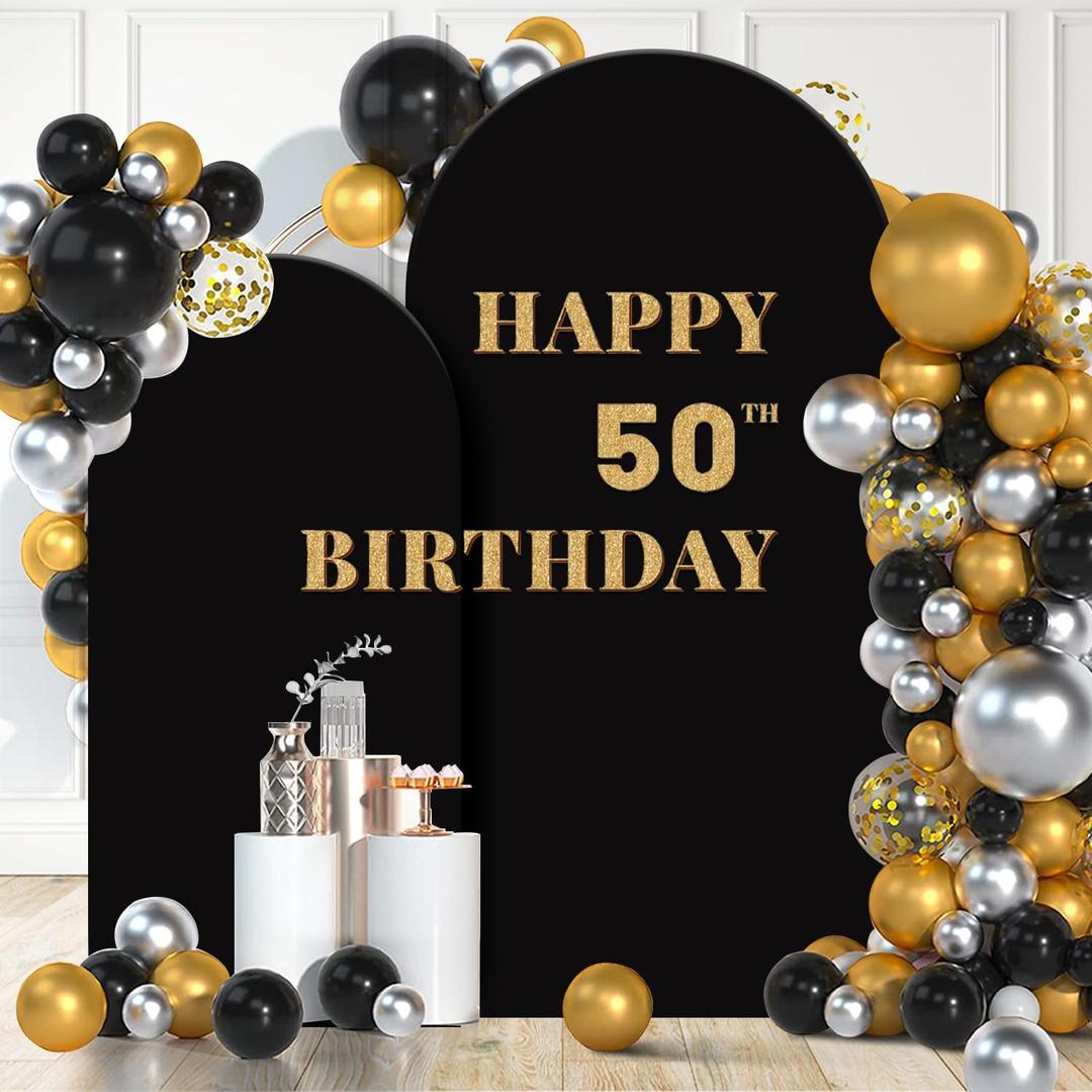 Set of 2 Arch Backdrop Cover 7.2FT, 6FT Black and Happy 50th 60th 70th Birthday Decal Sign - Adjustable Arch Covers Stretchy Backdrop for Wedding Birthday Party Baby Shower Decoration