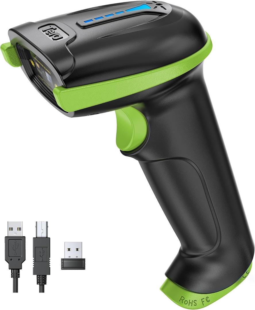 Tera Barcode Scanner Wireless Versatile 2in1 (2.4Ghz Wireless+USB 2.0 Wired) with Battery Level Indicator 328 Feet Transmission Distance Rechargeable 1D Laser Bar Code Reader USB Handheld (Green)