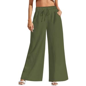 Womens Wide Leg Linen Pants High Waisted Summer Palazzo Pants with Pockets (Green, XS)