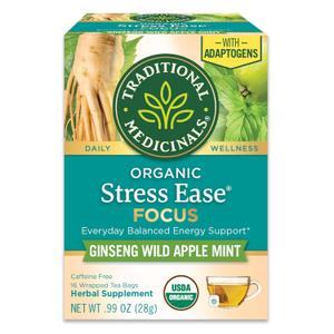 Traditional Medicinals Organic, Stress Ease Focus, Ginseng Wild Apple Mint Tea - Balanced Energy Support & Adaptogens - Kosher, Non-GMO, Caffeine-Free, Compostable - 16 Tea Bags
