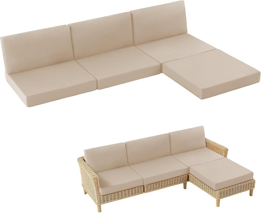 7-Piece Patio Furniture Cushions Set, Replacement Outdoor Cushions for 4-Seat Patio Sectional, Waterproof & Fade Resistant Deep Seat Cushion for Outdoor Sofa, Beige