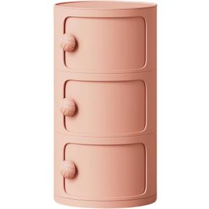 3 Tier Round Nightstand with Drawers, Plastic Pink Nightstand Modern Round Bedside Table with Handles and Sliding Door for Bedroom, Living Room, 12.59 x 12.59 x 22.44 inches
