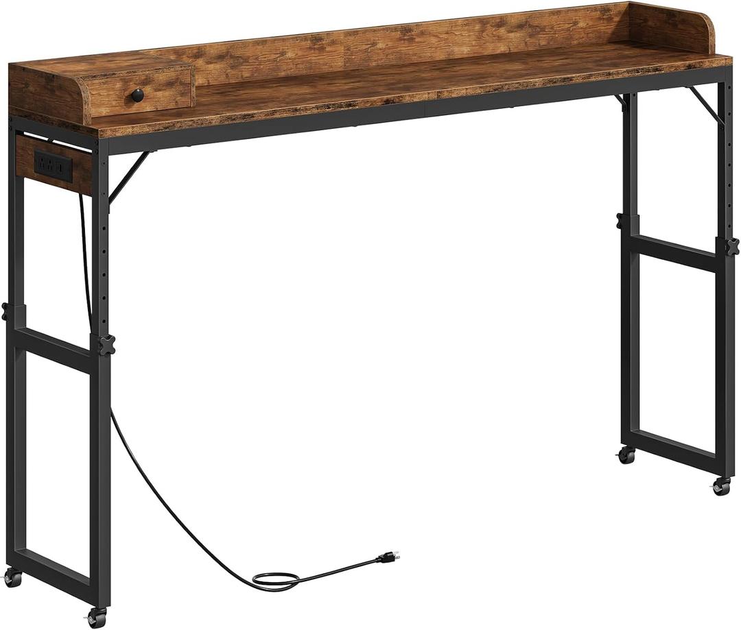 HOOBRO Overbed Table with Wheels, Rolling Table with Outlets & Light Strip for Queen Bed, Mobile Bed Desk & Drawer and Adjustable Height, Giant Computer Desk for Living Room, Rustic Brown BF180UDDN01, 70.9"L x 15.3"W x 42.9"H