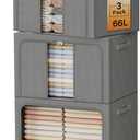 Clothes Storage Bins with Metal Frame, Foldable Clothes Organizers Storage Containers for Clothes, Sheets, Blankets, Pillows and Towels 66L, 3 Pack, Deep Grey