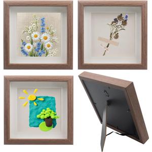 4 PCS Shadow Box Picture Frame, Vintage Small Wall Mounted & Tabletop Wood Square Frame with Real Glass for Mini Dried Flower Bouquet, Memorabilia, Medals, Badges, Shells, Photos (Walnut) (6 x 6 Inch)